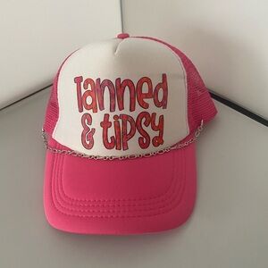 Tanned & Tipsy Hot Pink Mesh Trucker Hat with silver tone chain.